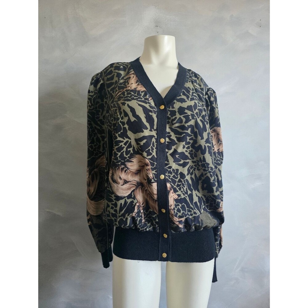 Vtg Equestrian Print Cardigan Bomber Safari Animal Print Womens L Polyester